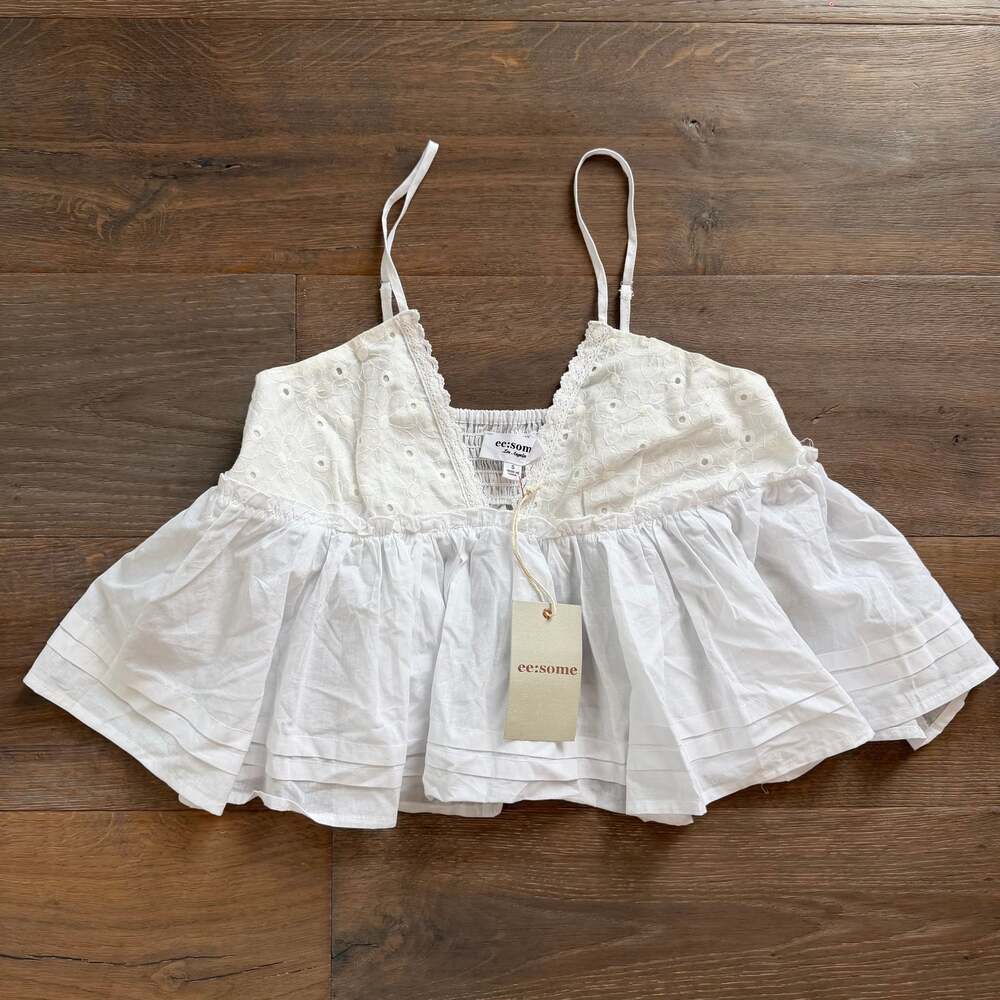 White Eyelet Cami Top, V-neck Babydoll, Boho Fairy Crop, 100% Cotton, Sz Sm NWT